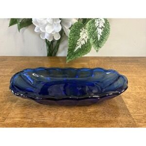 Vintage Cobalt Blue Pressed‎ Glass Canoe Dish Oval Decorative Bowl
